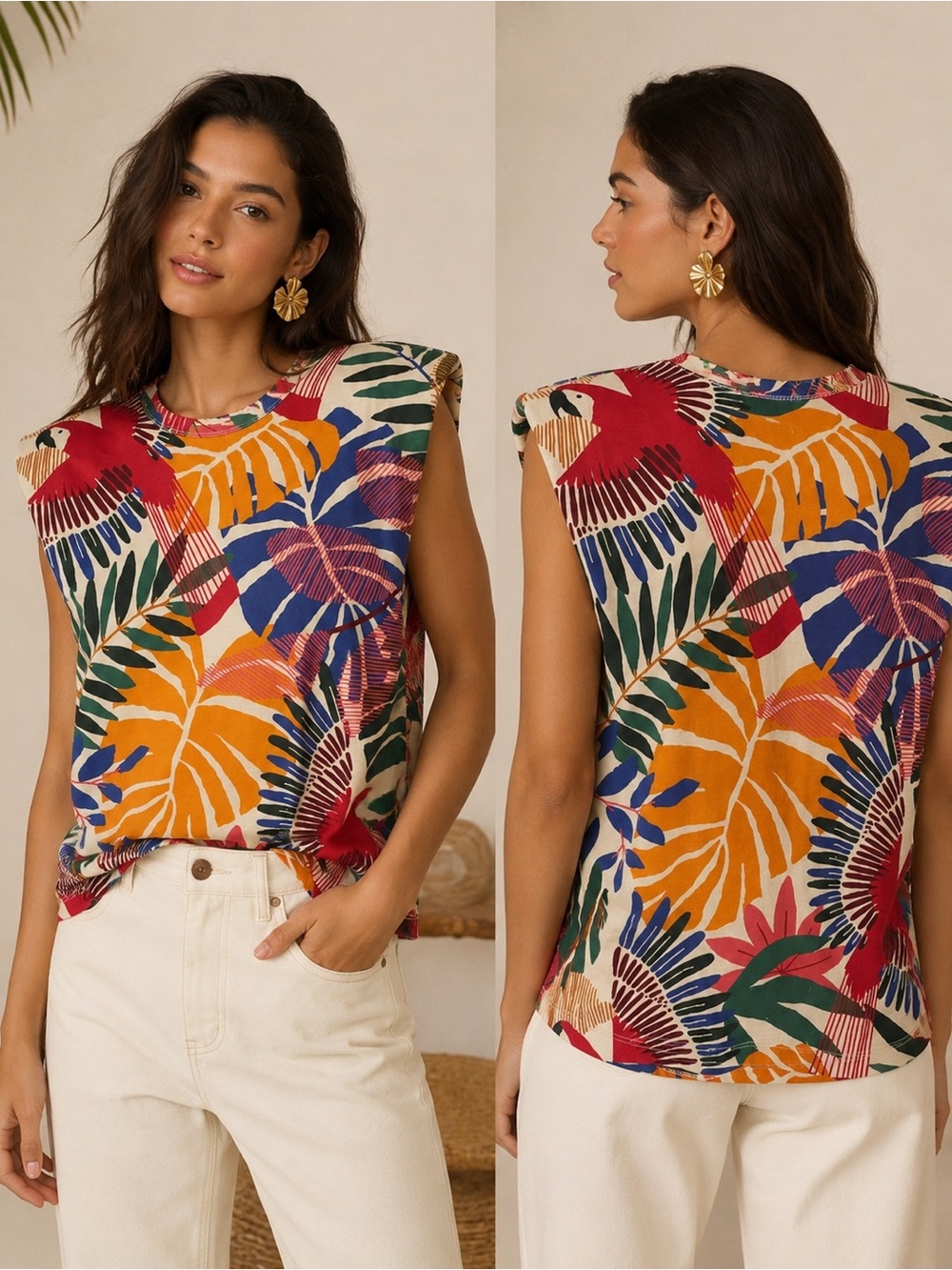 FARM RIO Tropical Sleeveless Tank Top With Shoulder Pads Size XS